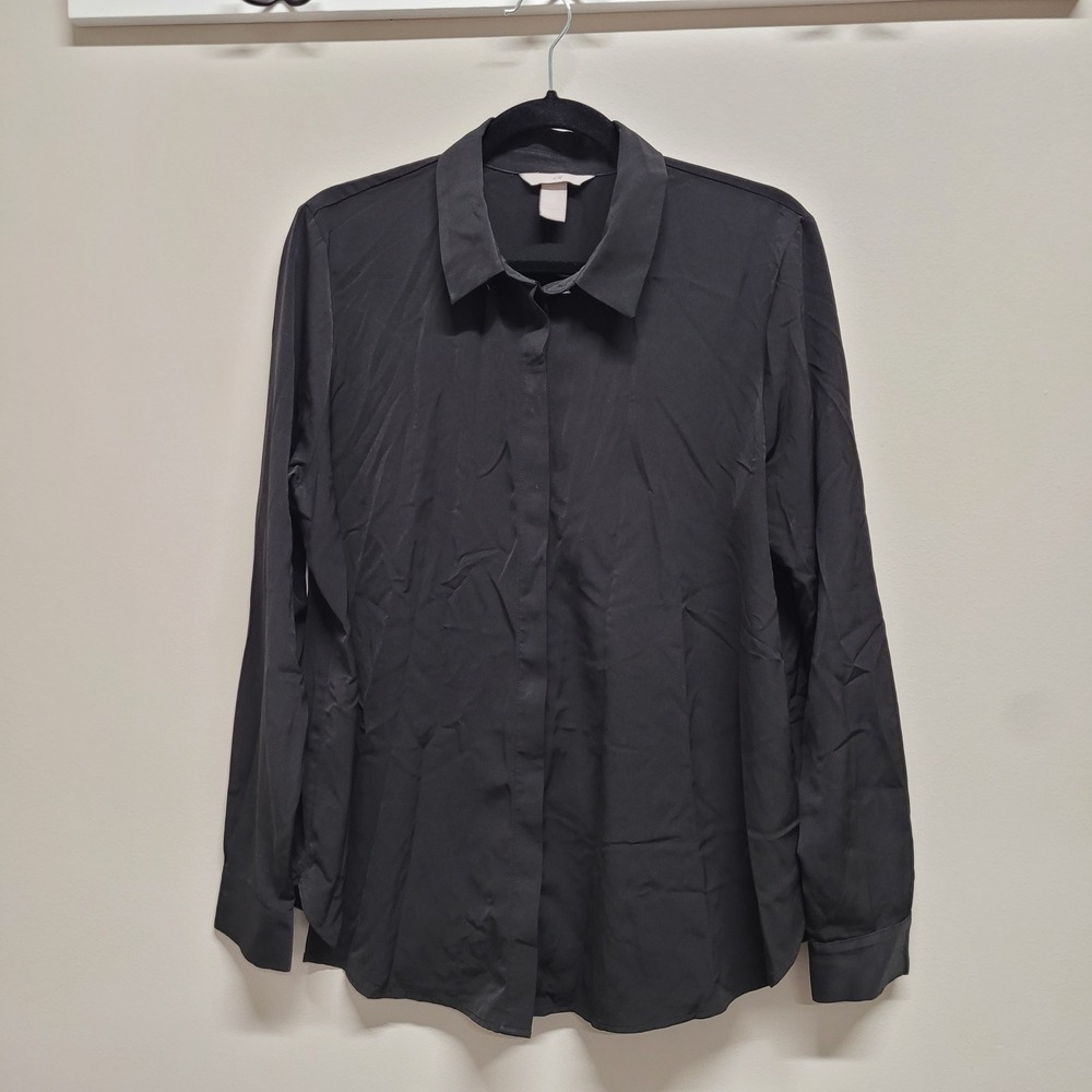 H&M Womens Long Sleeve Hidden Button Up Blouse Black Size L 09156112